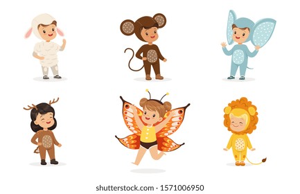 Cute children in costumes of animals and insects. Vector illustration.