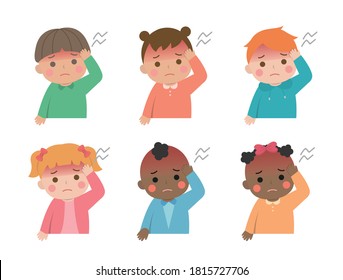 Cute children daily illustrations set, different races with skin color, fever headache virus disease, cartoon comic vector illustration, set, isolated