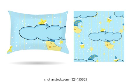 Cute children Decorative pillow with patterned pillowcase in cartoon style blue background. Isolated on white. Interior design element. Vector illustration