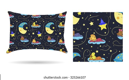 Cute children Decorative pillow with patterned pillowcase in cartoon style children are sleeping on the clouds in the beautiful night sky. Isolated on white. Interior design element. Vector 