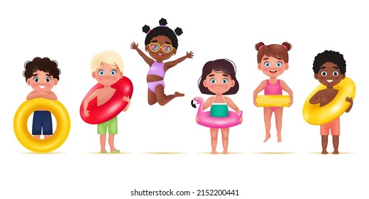 Cute Children of different nationalities in Swimsuit and shorts with Inflatable circle. Summer Vacation, pool party or Funny birthday celebration. Vector Illustration in 3D Cartoon style