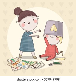 Cute children with different toys. Vector characters.