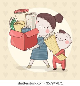 Cute children with different toys. Vector characters.
