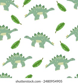 Cute children dinosaur seamless pattern with leaves. Stegosaurus with smile, illustration for kids, wildlife prehistoric animal. Flat vector design isolated on white background.