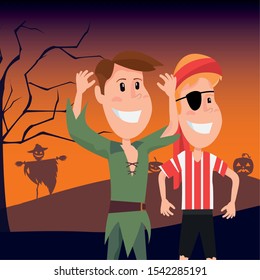 cute children in disguise in cemetery scene vector illustration design