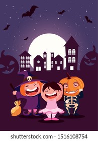 cute children disguise in scene of halloween