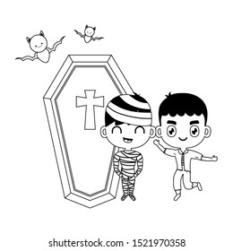 cute children disguised with icons halloween vector illustration design