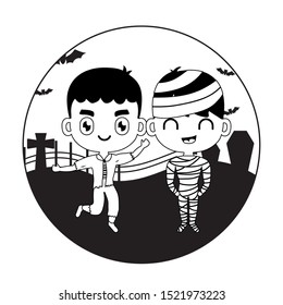 cute children disguised with icons halloween vector illustration design