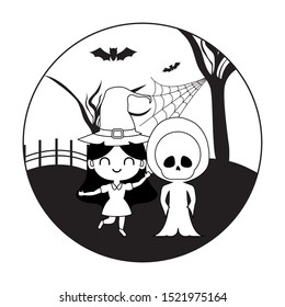 cute children disguised with icons halloween vector illustration design