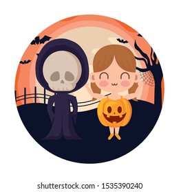 cute children disguised with icons halloween vector illustration design