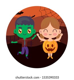 cute children disguised with icons halloween vector illustration design