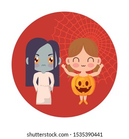 cute children disguised with icons halloween vector illustration design