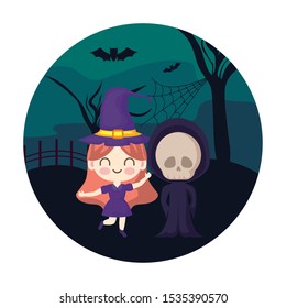 cute children disguised with icons halloween vector illustration design