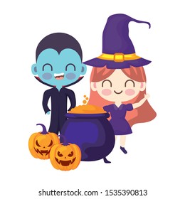 cute children disguised with icons halloween vector illustration design