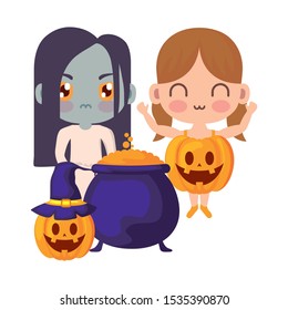 cute children disguised with icons halloween vector illustration design