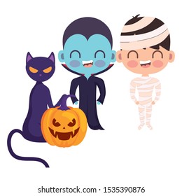 cute children disguised with icons halloween vector illustration design