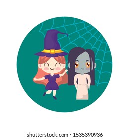 cute children disguised with icons halloween vector illustration design