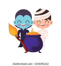 cute children disguised with icons halloween vector illustration design