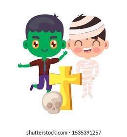 cute children disguised with icons halloween vector illustration design