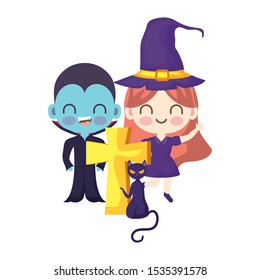 cute children disguised with icons halloween vector illustration design