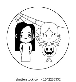 cute children disguised with icons halloween vector illustration design