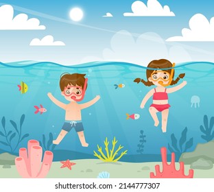 Cute children diving in the tropical sea. Cartoon kids snorkeling underwater. Adorable diver babies.