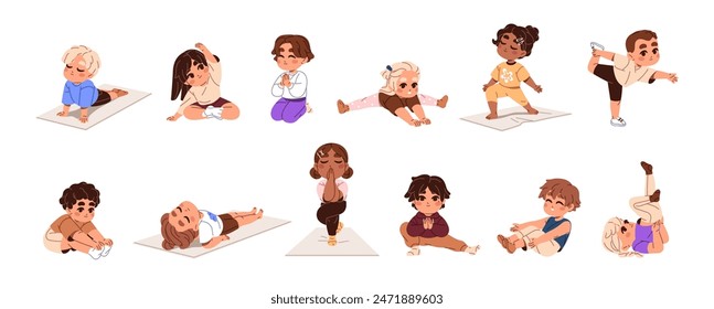 Nette Kinder machen körperliche Übungen gesetzt. Glückliche Kinder, die sich dehnen, Yoga-Posen üben, Asanas. Verschiedene kleine Jungen und Mädchen trainieren, Sport treiben. Flache isolierte Vektorillustrationen auf weißem Hintergrund