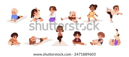 Cute children do physical exercises set. Happy kids stretching, practice yoga poses, asanas. Different little boys and girls training, do sport. Flat isolated vector illustrations on white background