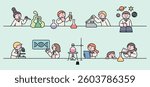 Cute children doing fun science experiments with lab tools, test tubes, flasks, and exploring chemistry, biology, and space.