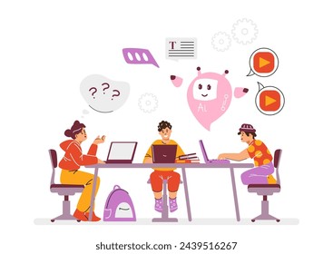 Cute children doing homework with pink assistant robot character flat style, vector illustration isolated on white background. Decorative design element, AI education, modern technologies