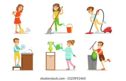 Cute Children Doing Housework Set, Boys and Girls Mopping, Sweeping and Vacuuming Floor, Washing Dish, Watering Plants, Kids Helping Parents with Housekeeping Vector Illustration