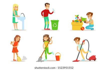 Cute Children Doing Housework Set, Boys and Girls Mopping and Vacuuming Floor, Gathering Garbage, Kids Helping Parents with Housekeeping Vector Illustration