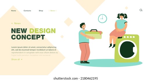 Cute children doing laundry together. Girl sitting on washing machine, boy holding dirty linen flat vector illustration. Housework, childhood concept for banner, website design or landing web page