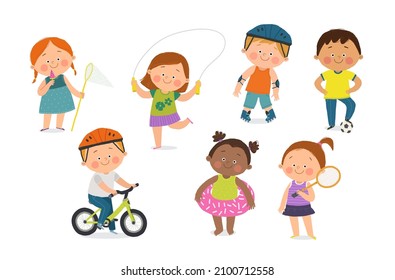 Cute children doing outdoor summer activities. Cartoon hand drawn10 illustration isolated on white in a flat style