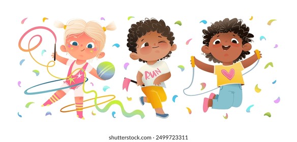 Cute children doing sports. Running, rhythmic gymnastics and skipping rope. Multinational characters boys and girls sport activity. Sports and games colorful vector clip art illustration for kids.