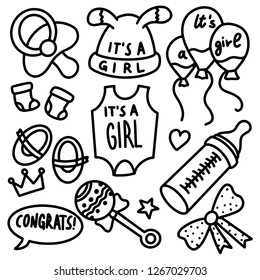 Cute Children Doodle Illustration for Newborn Baby Girl