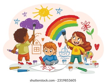 Cute children draw doodles. Kids in kindergarten playing, painting with colored pencils on walls and paper. Funny characters preschoolers with brushes and palette. Cartoon flat vector illustration