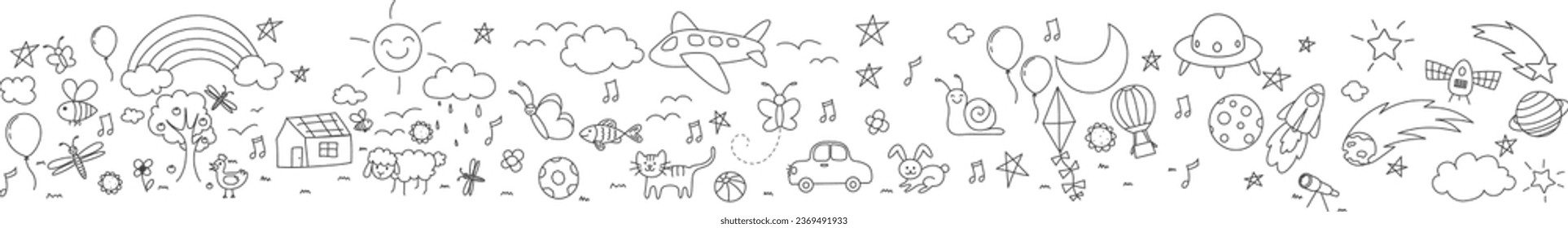 Cute Children drawing doodle set banner, black and white line 