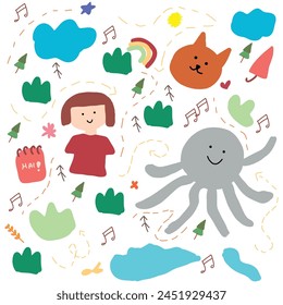 cute children drawing girl and nature objects