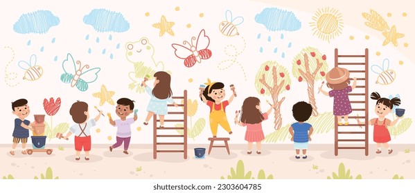 Cute Children Drawing on the Wall with Paint Brush Vector Illustration