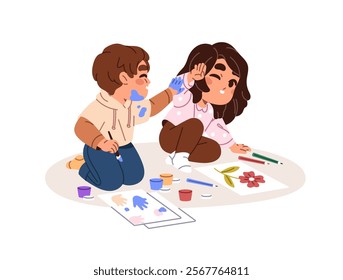 Cute children drawing with pencils, paints on paper on floor. Happy kids painting together. Joyful friends, little boy and girl have fun, play. Flat isolated vector illustration on white background