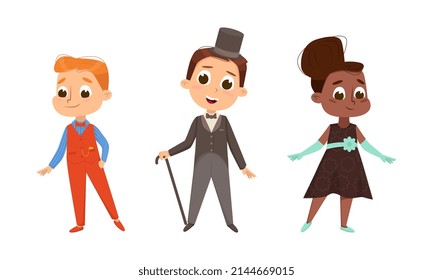 Cute Children Dressed in Elegant Clothes Standing and Smiling Vector Set