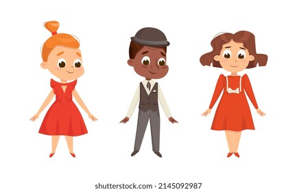 Cute Children Dressed in Elegant Clothes Standing and Smiling Vector Set