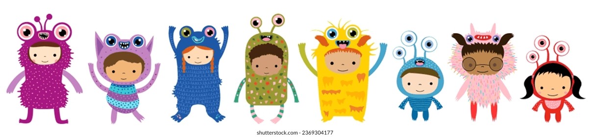 Cute children dressed in funny monster costumes, vector illustration elements for Halloween celebration designs, birthday party invitations and carnival and festival posters