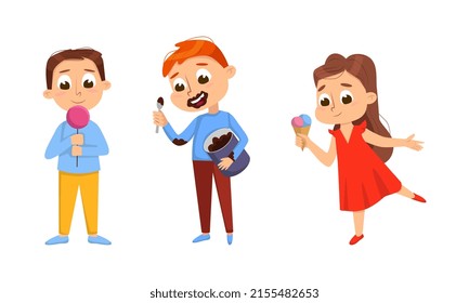 Cute children eating sweets set. Kids enjoying of eating of unhealthy food cartoon vector illustration