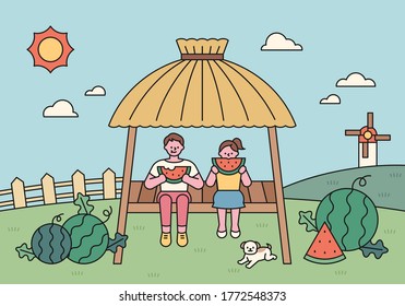 Cute children are eating watermelon in the shelter in the watermelon field. Korean summer landscape. flat design style minimal vector illustration.