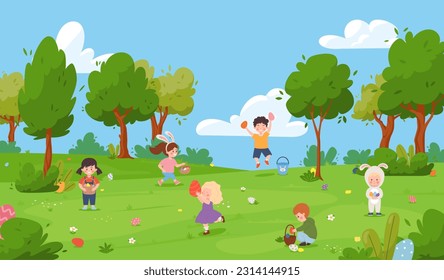 Caza de huevos para niños en parque, ilustración plana de dibujos animados. La tradición de las vacaciones de Semana Santa. Niños felices buscando huevos de chocolate pintados escondidos. Divertido juego de primavera.