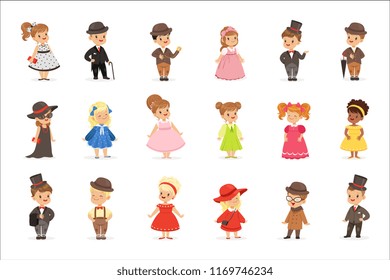 Cute children in elegant clothes for official social events. Kids in historical costumes cartoon colorful Illustrations