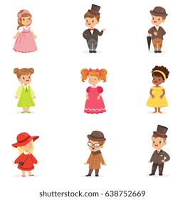 Cute Children In Elegant Festive Clothes. Kids In Retro Costumes Cartoon Colorful Illustrations