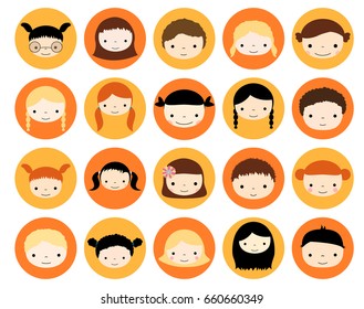 Cute children face avatars in circles in flat style - girls and boys heads